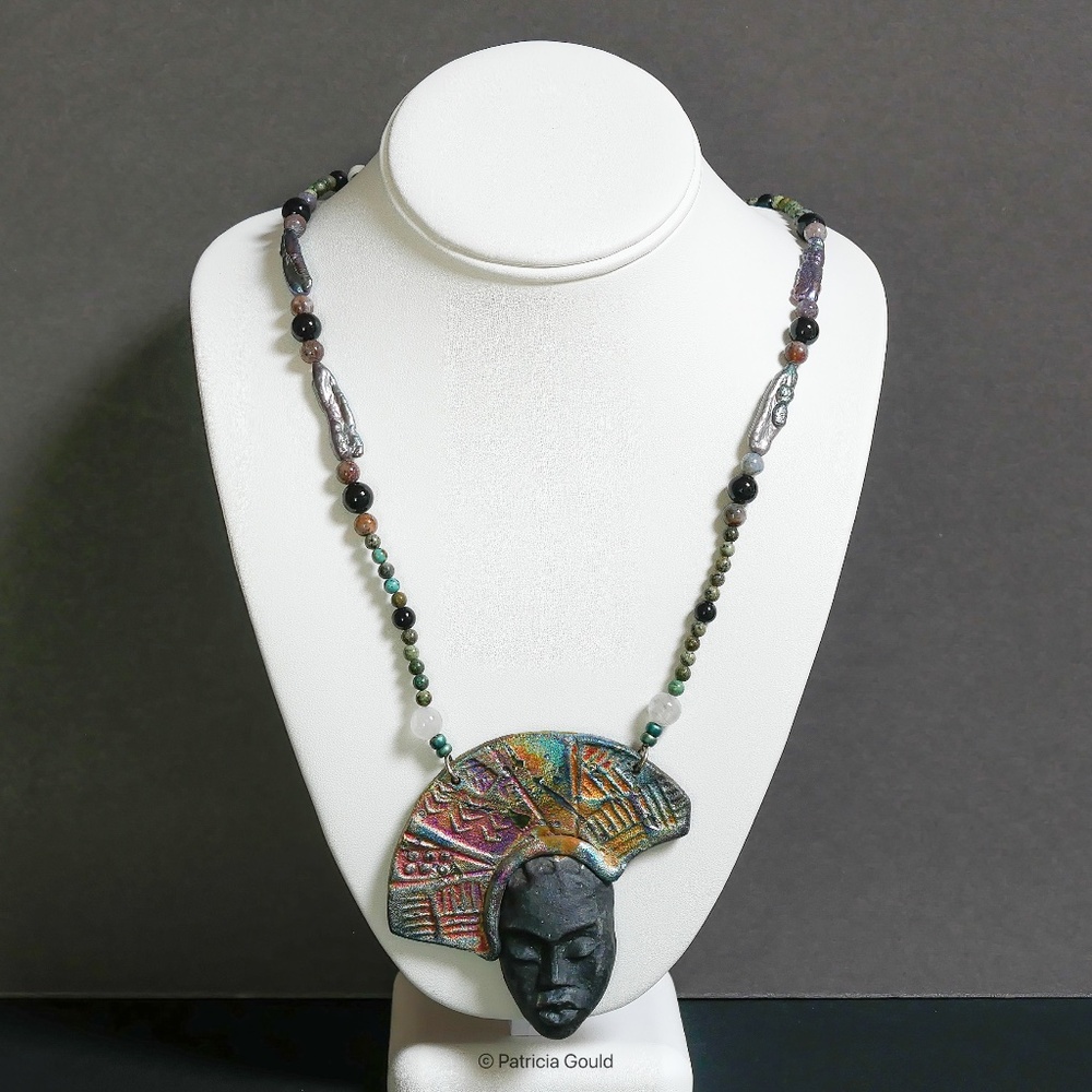 New - N5 - Raku mask and pearl necklace - One of a kind